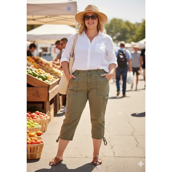 DKNY Women's Cargo Capri Pants Size 18W Khaki Utility Pockets Casual Used - Picture 1 of 10